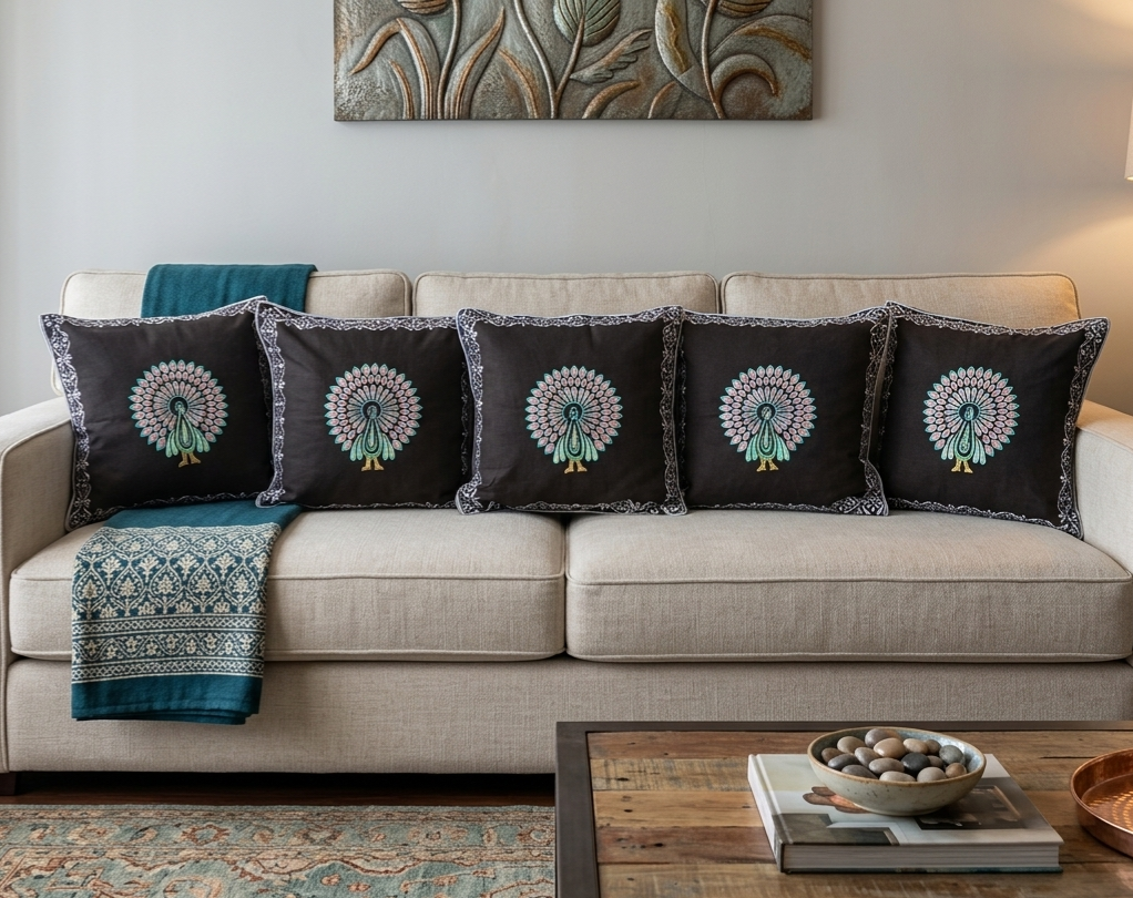 PEACOCK EMBROIDERY CUSHION COVER